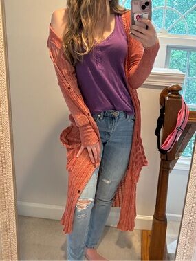 Free People Long Ribbed V-Neck Cardigan